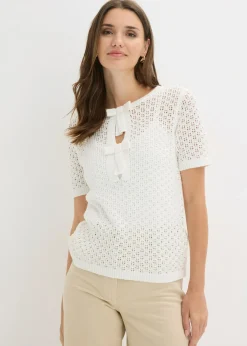 bonprix bonprix Jersey de punto ajour de mezcla de algodón Blanco lana Hot