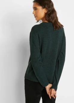 bonprix bonprix Jersey de punto con cuello redondo jaspeado Verde intenso Online