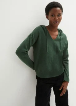 bonprix bonprix Jersey de punto con escote en V y capucha Verde oscuro Outlet