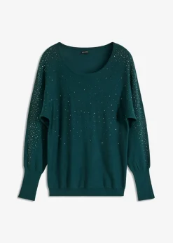 bonprix bonprix Jersey de punto fino con aplicación de piedras brillantes Verde intenso