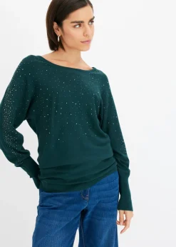 bonprix bonprix Jersey de punto fino con aplicación de piedras brillantes Verde intenso