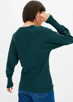 bonprix bonprix Jersey de punto fino con aplicación de piedras brillantes Verde intenso