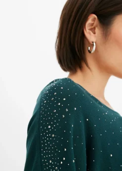 bonprix bonprix Jersey de punto fino con aplicación de piedras brillantes Verde intenso
