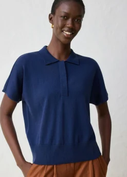 bonprix bonprix Jersey de punto fino con contenido de seda y cuello tipo polo Azul marino Clearance