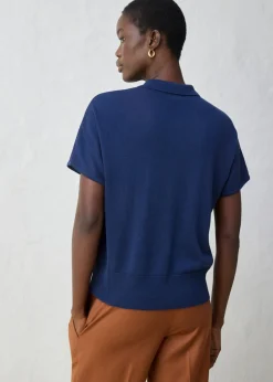 bonprix bonprix Jersey de punto fino con contenido de seda y cuello tipo polo Azul marino Clearance