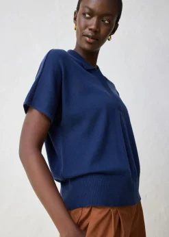 bonprix bonprix Jersey de punto fino con contenido de seda y cuello tipo polo Azul marino Clearance