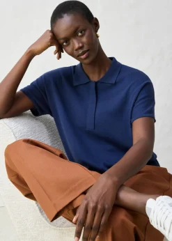bonprix bonprix Jersey de punto fino con contenido de seda y cuello tipo polo Azul marino Clearance