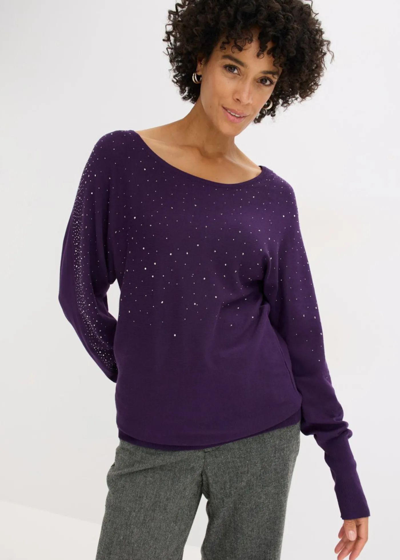 bonprix bonprix Jersey de punto fino con aplicación de piedras brillantes Lila oscuro Sale