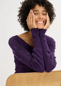bonprix bonprix Jersey de punto fino con aplicación de piedras brillantes Lila oscuro Sale