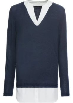 bonprix bonprix Jersey de punto fino con inserto de blusa Azul marino-blanco Best