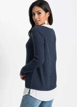 bonprix bonprix Jersey de punto fino con inserto de blusa Azul marino-blanco Best