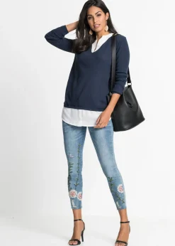 bonprix bonprix Jersey de punto fino con inserto de blusa Azul marino-blanco Best
