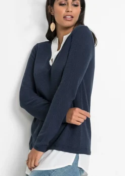 bonprix bonprix Jersey de punto fino con inserto de blusa Azul marino-blanco Best