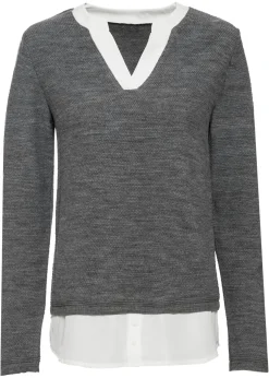 bonprix bonprix Jersey de punto fino con inserto de blusa Gris jaspeado-blanco New