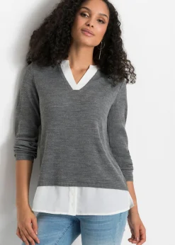 bonprix bonprix Jersey de punto fino con inserto de blusa Gris jaspeado-blanco New