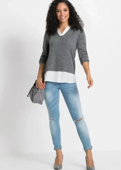 bonprix bonprix Jersey de punto fino con inserto de blusa Gris jaspeado-blanco New
