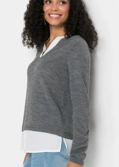 bonprix bonprix Jersey de punto fino con inserto de blusa Gris jaspeado-blanco New
