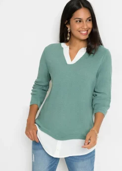 bonprix bonprix Jersey de punto fino con inserto de blusa Verde salvia ahumado/blanco New