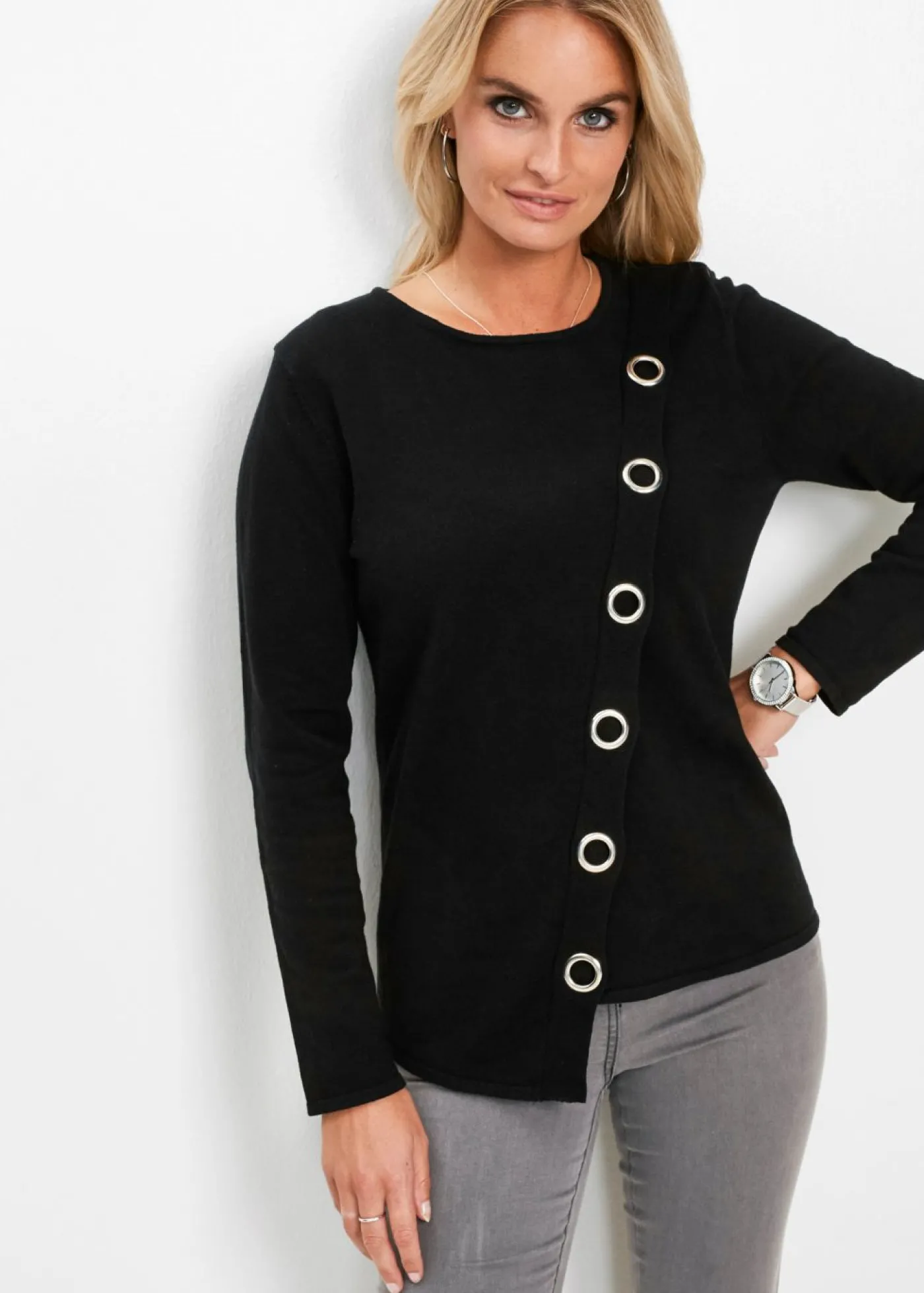 bonprix bonprix Jersey de punto fino con detalles de tachuelas Negro-plata Best
