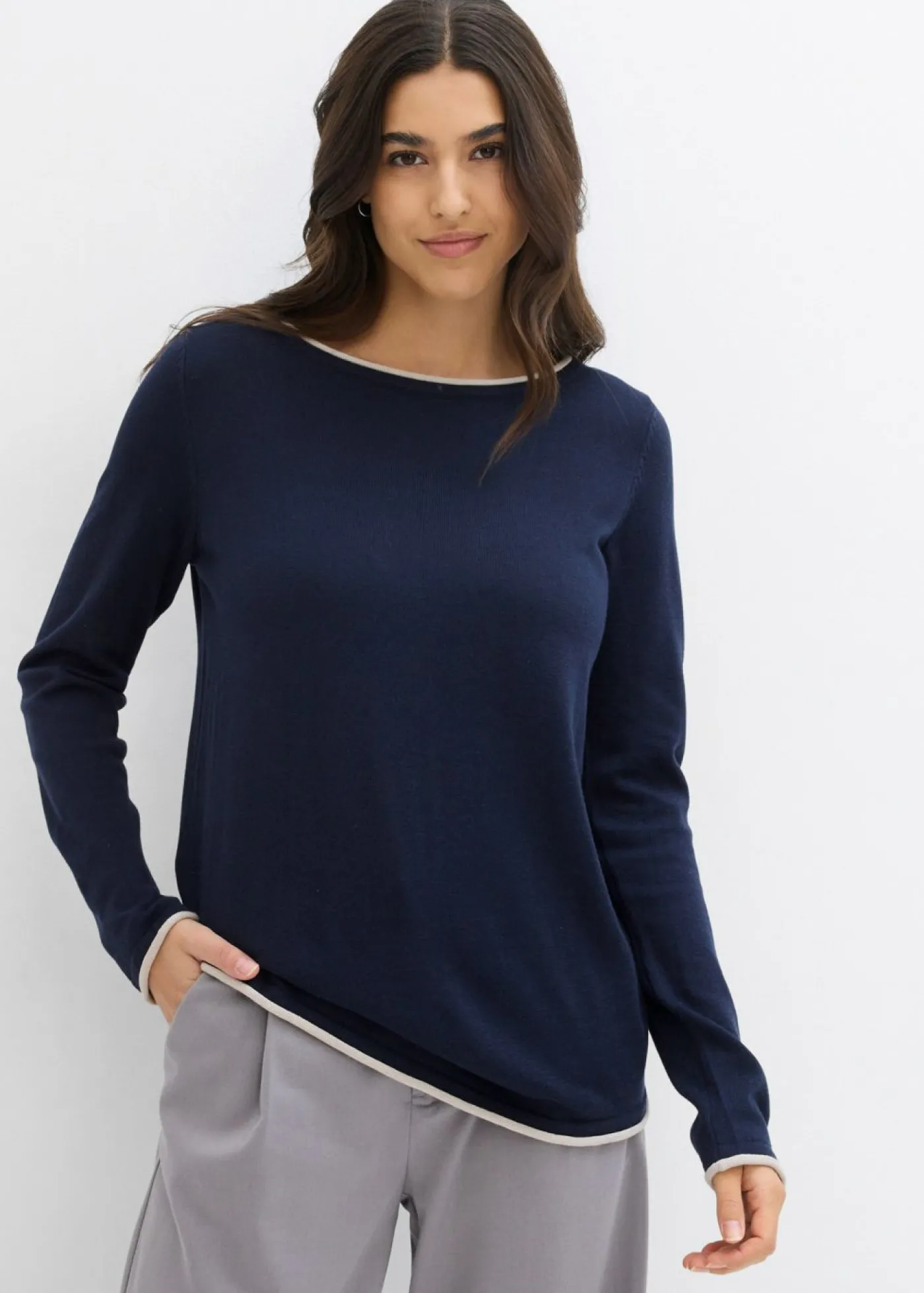 bonprix bonprix Jersey de punto fino de mezcla de algodón azul marino-gris piedra Hot