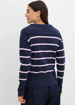 bonprix bonprix Jersey de punto fino tipo polo azul marino-rosa cristal con rayas Sale