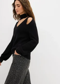 bonprix bonprix Jersey de punto grueso con aberturas Negro Outlet