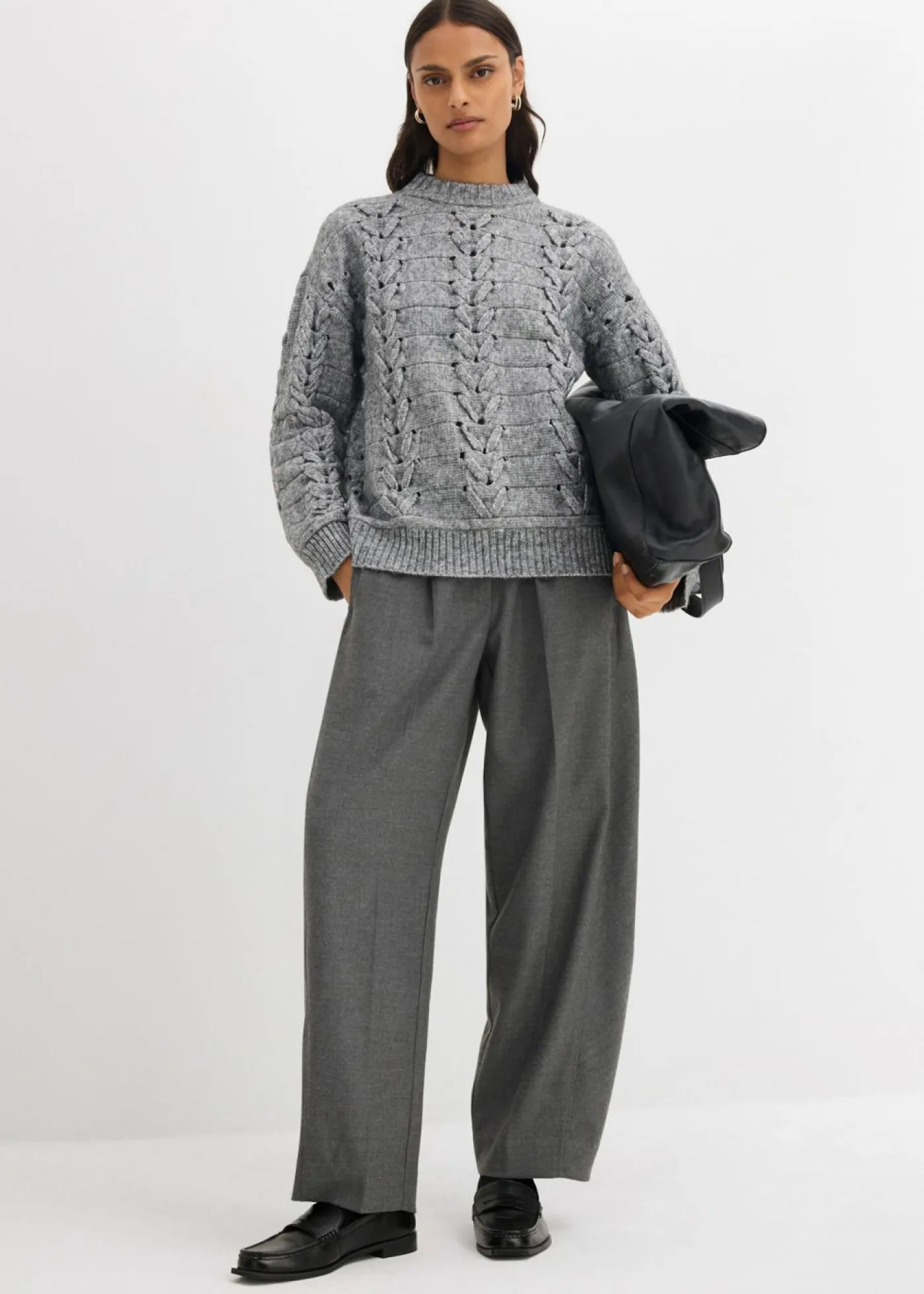 bonprix bonprix Jersey de punto grueso con patrón trenzado Gris jaspeado Hot