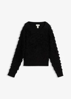 bonprix bonprix Jersey de punto grueso con flecos Negro Sale