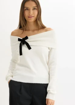 bonprix bonprix Jersey holgado con escote bañera Blanco lana