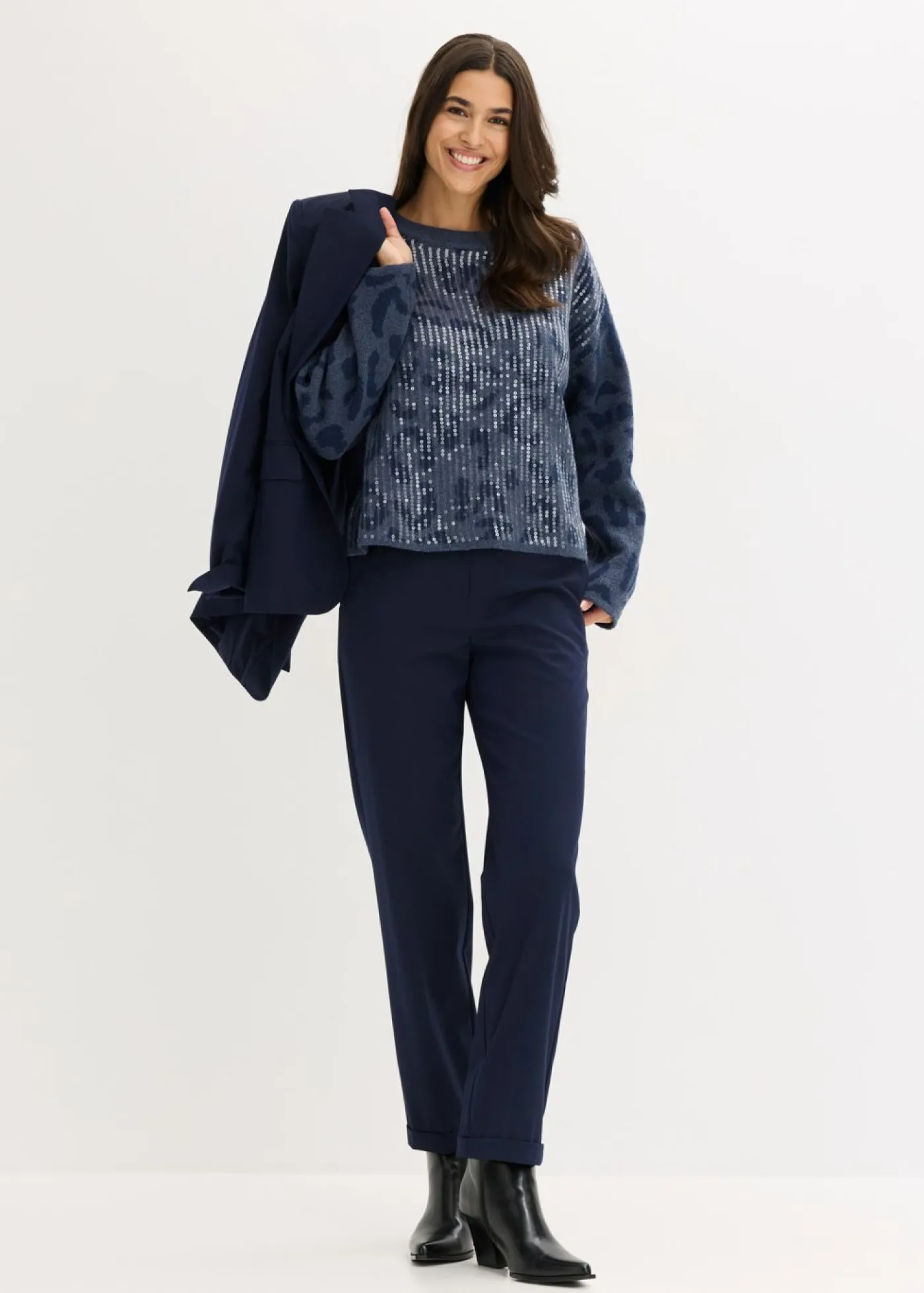 bonprix bonprix Jersey holgado de jacquard con lentejuelas Índigo/azul marino Discount