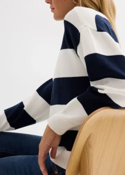 bonprix bonprix Jersey holgado de mezcla de viscosa suave Blanco lana-azul marino con rayas Discount
