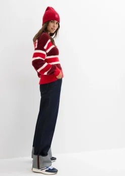bonprix bonprix Jersey holgado de punto rojo rubí-rojo-blanco lana con rayas