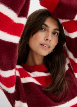 bonprix bonprix Jersey holgado de punto rojo rubí-rojo-blanco lana con rayas