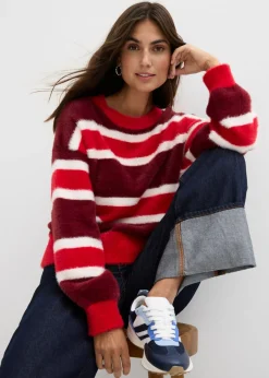 bonprix bonprix Jersey holgado de punto rojo rubí-rojo-blanco lana con rayas