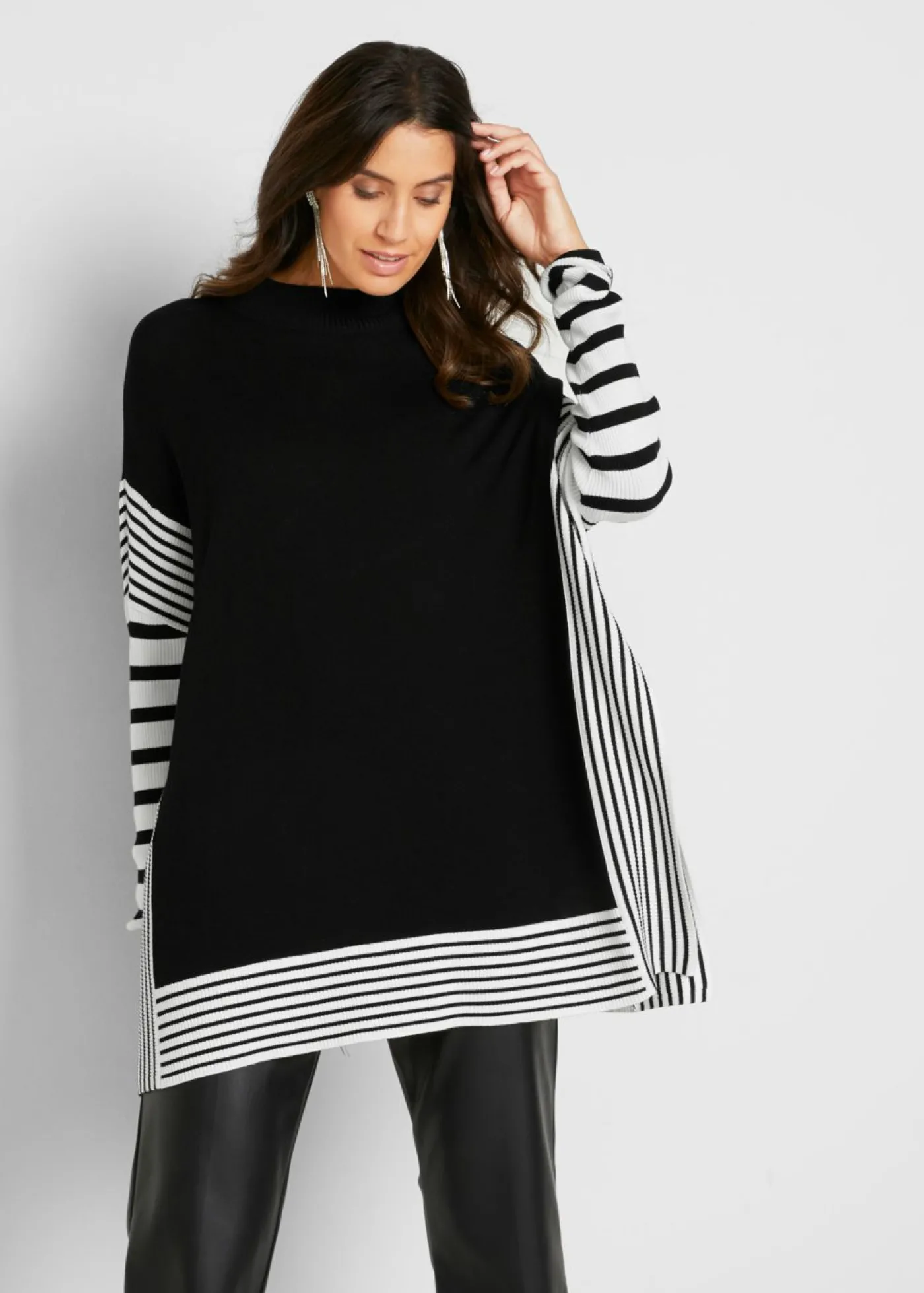 bonprix bonprix Jersey largo Negro-blanco lana de rayas Outlet