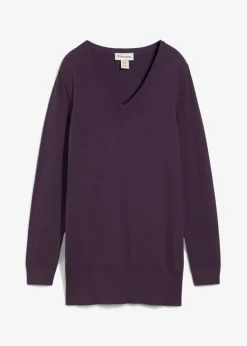 bonprix bonprix Jersey largo básico, de punto fino, con escote en V Ciruela