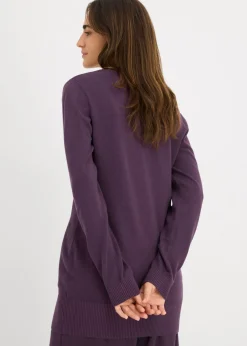 bonprix bonprix Jersey largo básico, de punto fino, con escote en V Ciruela