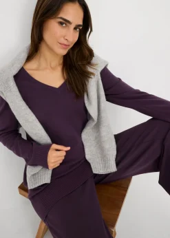 bonprix bonprix Jersey largo básico, de punto fino, con escote en V Ciruela