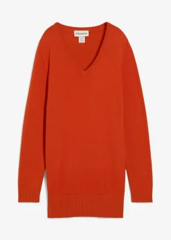 bonprix bonprix Jersey largo básico, de punto fino, con escote en V Naranja lava Hot