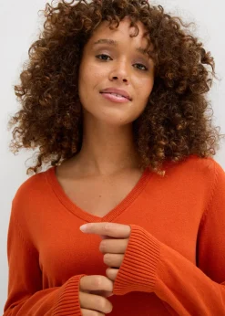 bonprix bonprix Jersey largo básico, de punto fino, con escote en V Naranja lava Hot