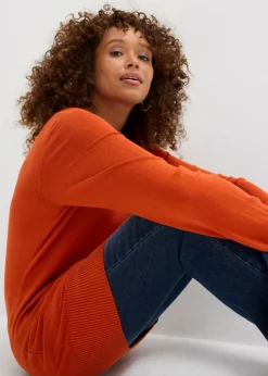 bonprix bonprix Jersey largo básico, de punto fino, con escote en V Naranja lava Hot