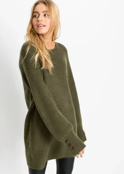 bonprix bonprix Jersey largo con botones Verde oliva oscuro Online