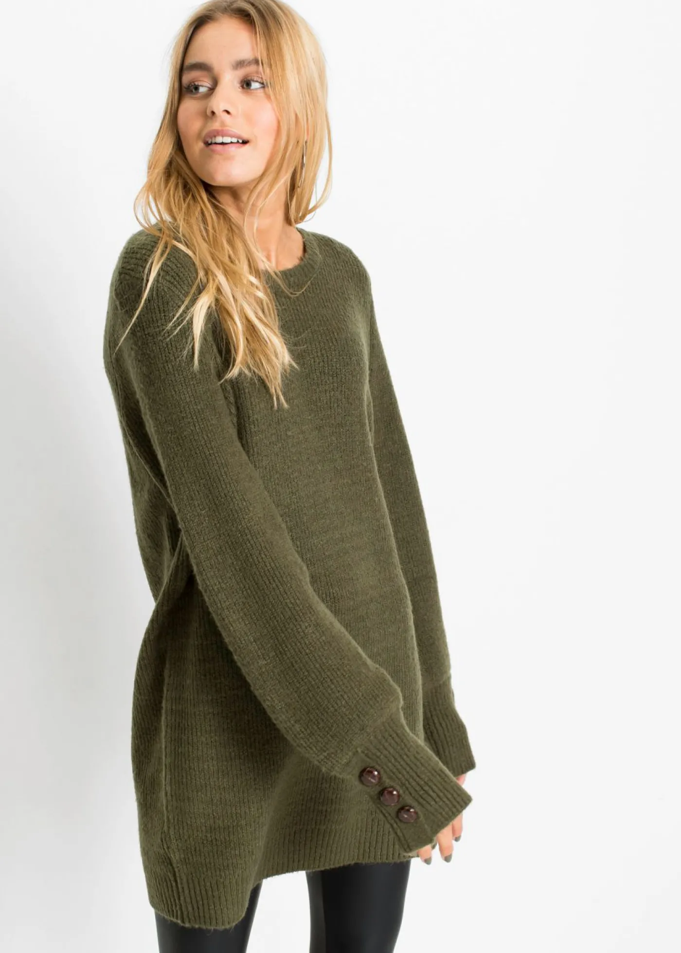 bonprix bonprix Jersey largo con botones Verde oliva oscuro Online