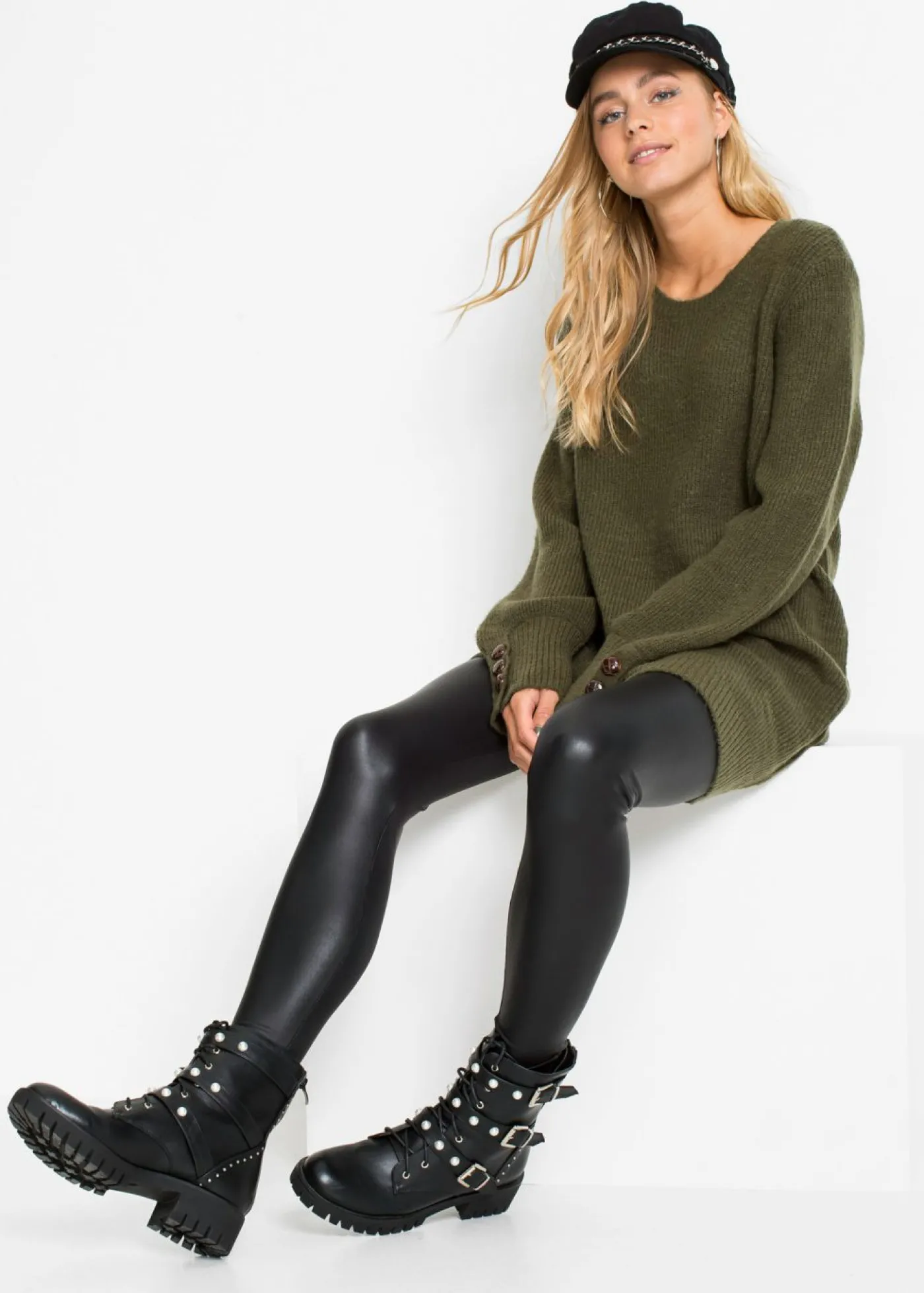 bonprix bonprix Jersey largo con botones Verde oliva oscuro Online