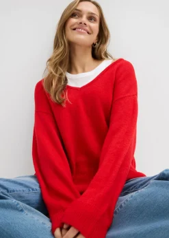 bonprix bonprix Jersey largo con corte holgado y aberturas laterales rojo lava Discount