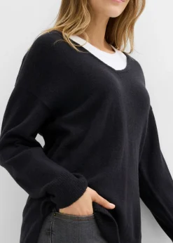 bonprix bonprix Jersey largo con corte holgado y aberturas laterales Negro