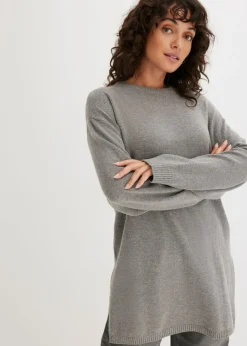 bonprix bonprix Jersey largo de punto fino con aberturas laterales en mezcla de viscosa gris jaspeado moteado Outlet
