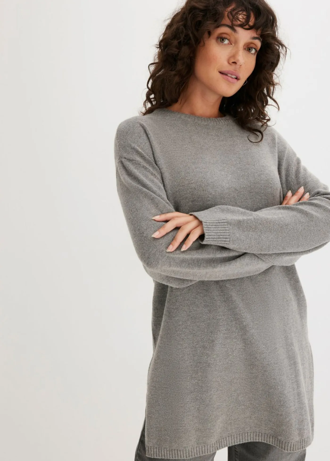 bonprix bonprix Jersey largo de punto fino con aberturas laterales en mezcla de viscosa gris jaspeado moteado Outlet