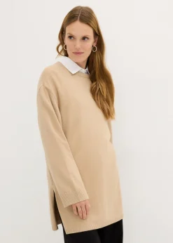 bonprix bonprix Jersey largo de punto fino con aberturas laterales en mezcla de viscosa beige pardo moteado Discount