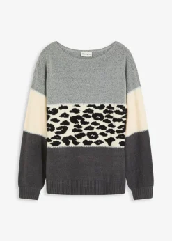 bonprix bonprix Jersey oversize Gris jaspeado/antracita con estampado de leopardo Online